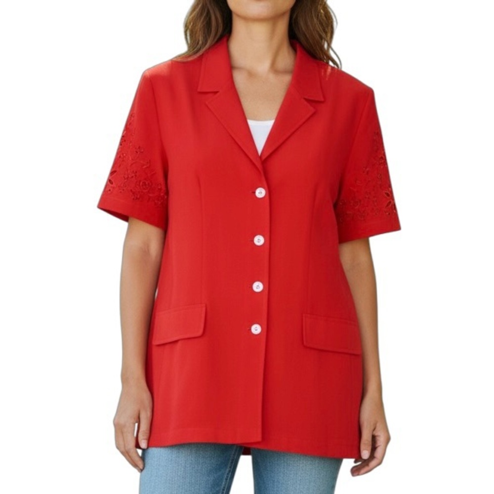 Escada Vintage Red Wool Short Sleeve Blazer Embroidered Eyelet 42 EU 12 US
